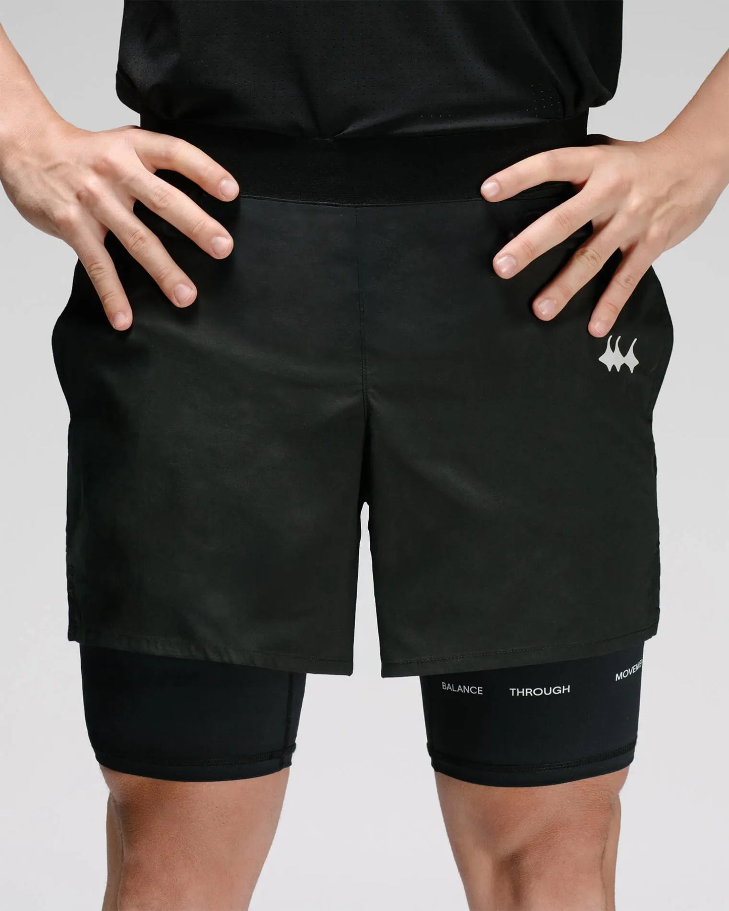 OG 01 men’s 2-in-1 shorts front detail — elastic waistband and reflective logo on black double-layer design by Madkid