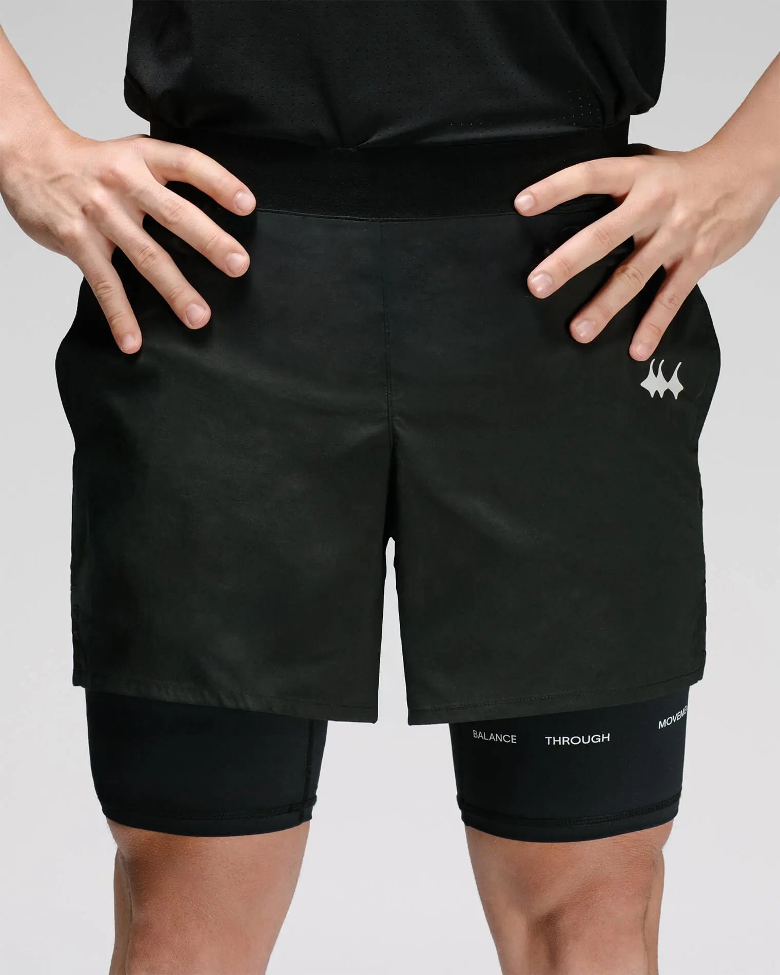 OG 01 men’s 2-in-1 shorts front detail — elastic waistband and reflective logo on black double-layer design by Madkid