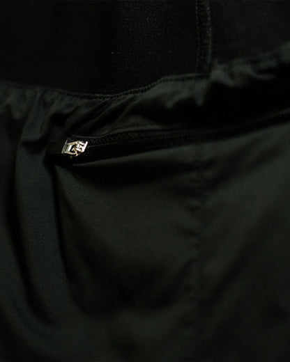 OG 01 men’s 2-in-1 shorts zip detail — close-up of concealed back zipper pocket on black technical shorts by Madkid